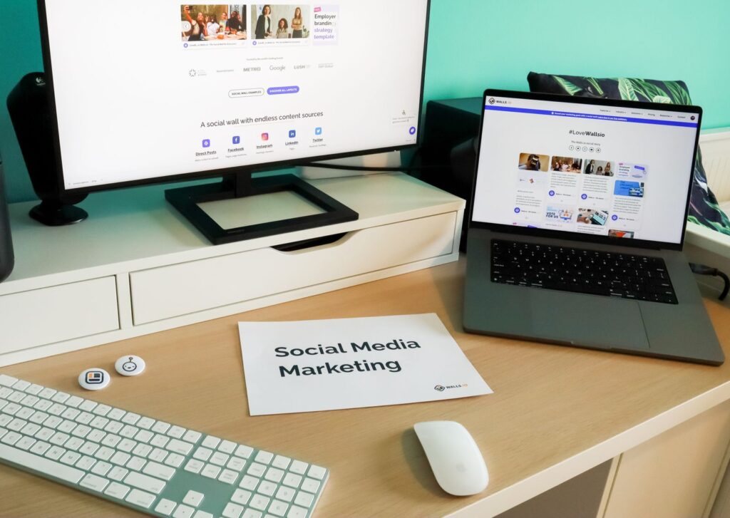 A workspace set up for social media marketing